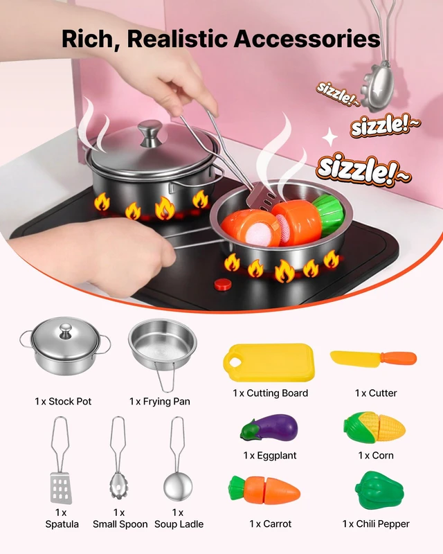 Alt view image 5 of 8 - VEVOR Play Kitchen for Kids, Wooden, Kids Kitchen Playset with Real Lights & Sounds, Food & Cookware, Pretend Play Toy Set, Microwave, Oven, Clicking Knobs, for Toddlers, Girls & Boys Ages 3-8, Pink