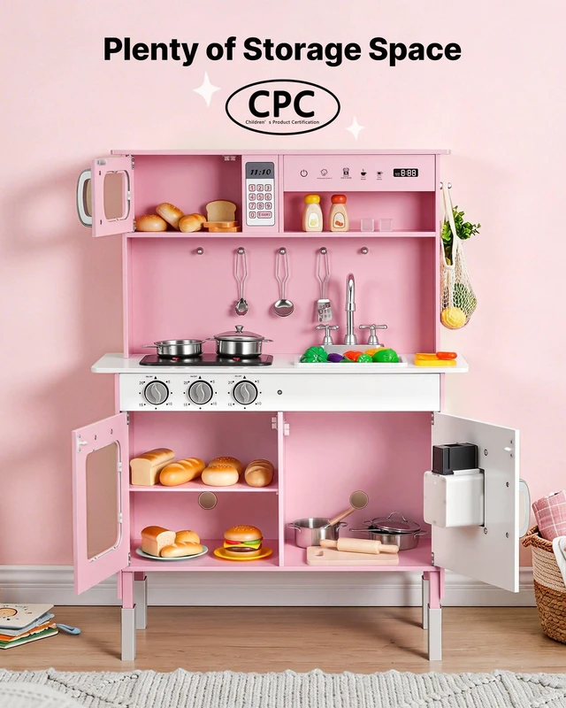 Alt view image 6 of 8 - VEVOR Play Kitchen for Kids, Wooden, Kids Kitchen Playset with Real Lights & Sounds, Food & Cookware, Pretend Play Toy Set, Microwave, Oven, Clicking Knobs, for Toddlers, Girls & Boys Ages 3-8, Pink