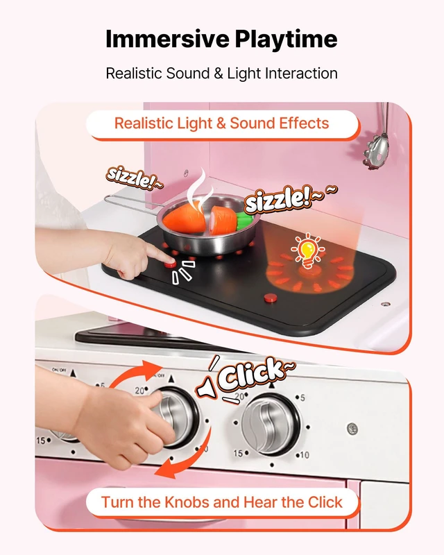 Alt view image 4 of 8 - VEVOR Play Kitchen for Kids, Wooden, Kids Kitchen Playset with Real Lights & Sounds, Food & Cookware, Pretend Play Toy Set, Microwave, Oven, Clicking Knobs, for Toddlers, Girls & Boys Ages 3-8, Pink