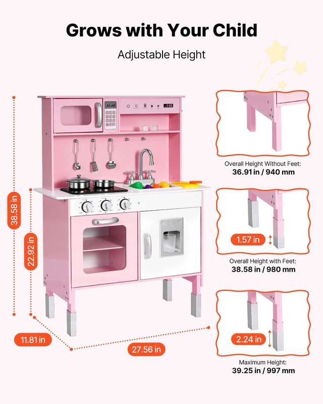 Alt view image 7 of 8 - VEVOR Play Kitchen for Kids, Wooden, Kids Kitchen Playset with Real Lights & Sounds, Food & Cookware, Pretend Play Toy Set, Microwave, Oven, Clicking Knobs, for Toddlers, Girls & Boys Ages 3-8, Pink
