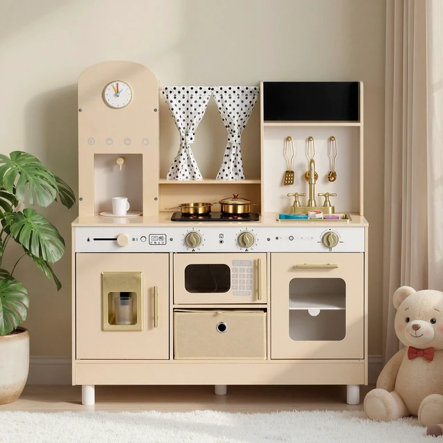 Main image of VEVOR Play Kitchen for Kids, Wooden, Kids Kitchen Playset with Realistic Lights & Sounds, Food & Cookware, Modern Style Pretend Play Toy Set, Ice Maker, Microwave, for Toddlers, Girls & Boys Ages 3-8