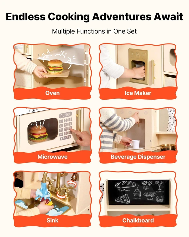 Alt view image 3 of 8 - VEVOR Play Kitchen for Kids, Wooden, Kids Kitchen Playset with Realistic Lights & Sounds, Food & Cookware, Modern Style Pretend Play Toy Set, Ice Maker, Microwave, for Toddlers, Girls & Boys Ages 3-8