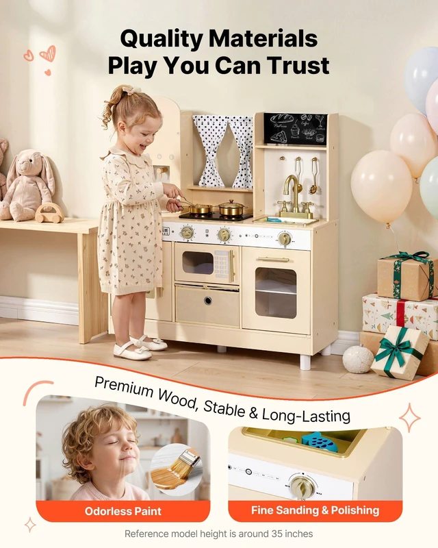 Alt view image 2 of 8 - VEVOR Play Kitchen for Kids, Wooden, Kids Kitchen Playset with Realistic Lights & Sounds, Food & Cookware, Modern Style Pretend Play Toy Set, Ice Maker, Microwave, for Toddlers, Girls & Boys Ages 3-8