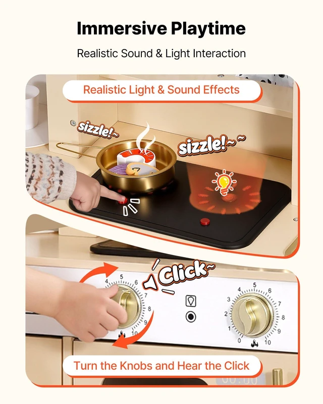 Alt view image 4 of 8 - VEVOR Play Kitchen for Kids, Wooden, Kids Kitchen Playset with Realistic Lights & Sounds, Food & Cookware, Modern Style Pretend Play Toy Set, Ice Maker, Microwave, for Toddlers, Girls & Boys Ages 3-8
