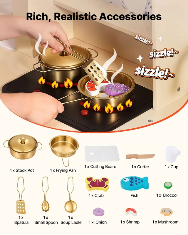 Alt view image 5 of 8 - VEVOR Play Kitchen for Kids, Wooden, Kids Kitchen Playset with Realistic Lights & Sounds, Food & Cookware, Modern Style Pretend Play Toy Set, Ice Maker, Microwave, for Toddlers, Girls & Boys Ages 3-8