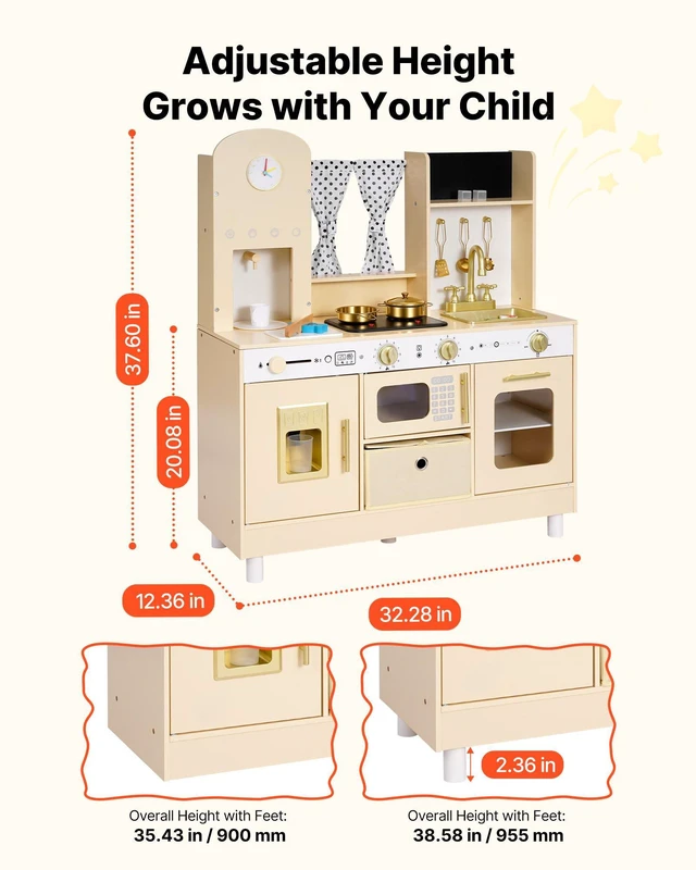 Alt view image 7 of 8 - VEVOR Play Kitchen for Kids, Wooden, Kids Kitchen Playset with Realistic Lights & Sounds, Food & Cookware, Modern Style Pretend Play Toy Set, Ice Maker, Microwave, for Toddlers, Girls & Boys Ages 3-8