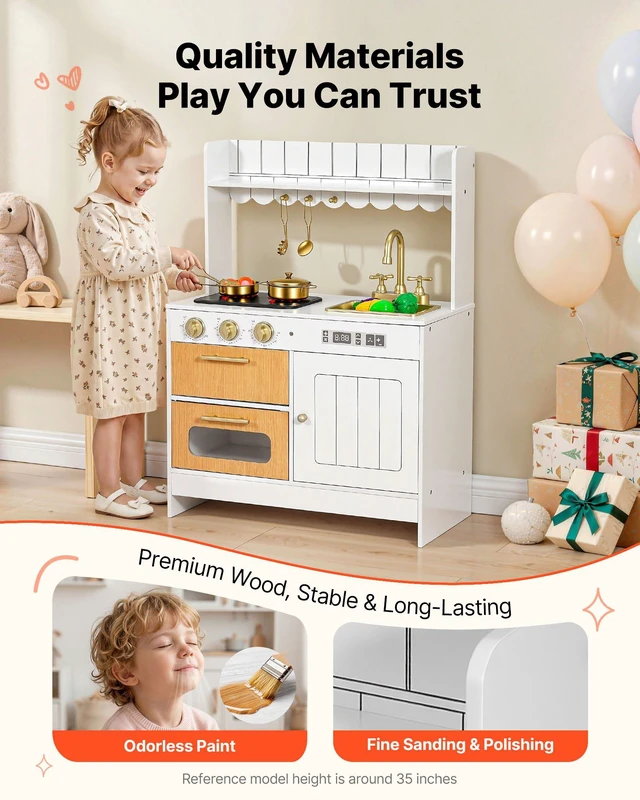 Alt view image 2 of 7 - VEVOR Play Kitchen for Kids, Wooden, Kids Kitchen Playset with Real Lights & Sounds, Food & Cookware Accessories, Pretend Play Toy Set, Sink, Oven, Stove, Cabinet, for Toddlers, Girls & Boys Ages 3-8