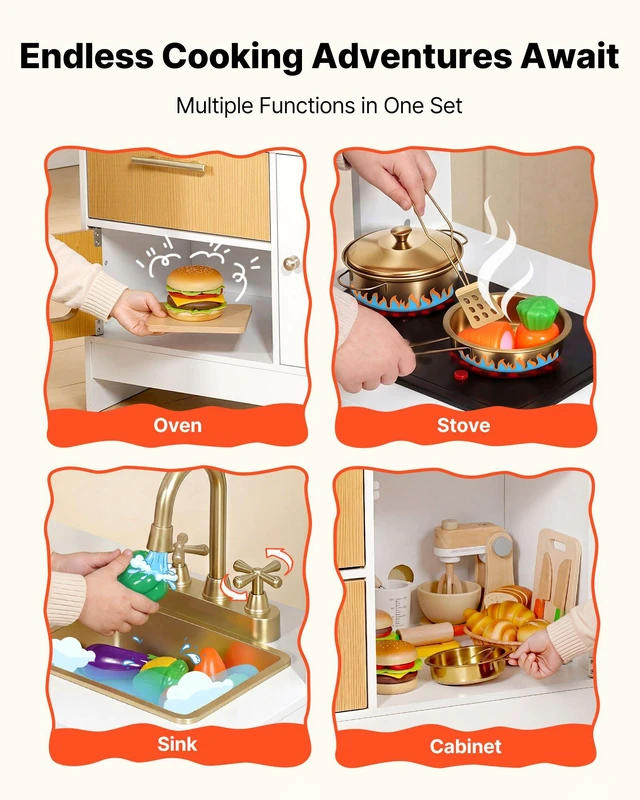 Alt view image 3 of 7 - VEVOR Play Kitchen for Kids, Wooden, Kids Kitchen Playset with Real Lights & Sounds, Food & Cookware Accessories, Pretend Play Toy Set, Sink, Oven, Stove, Cabinet, for Toddlers, Girls & Boys Ages 3-8