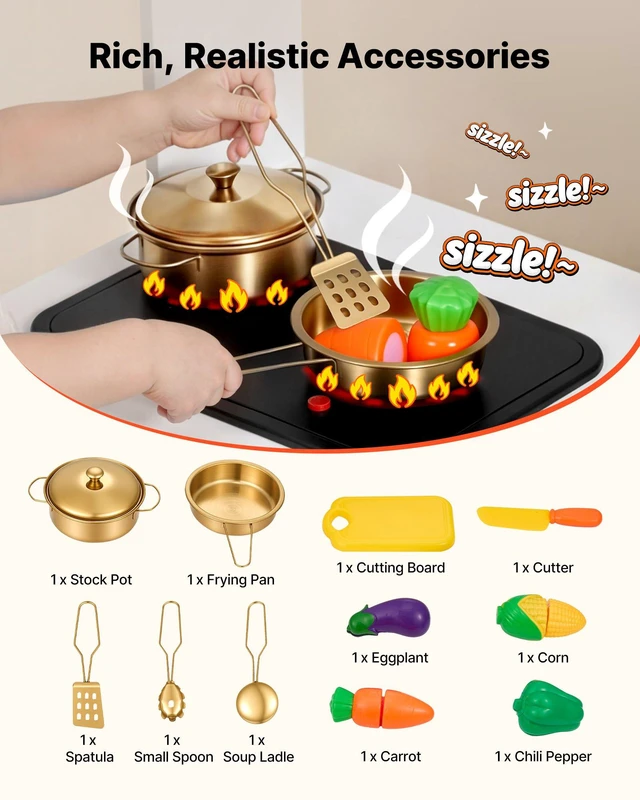 Alt view image 5 of 7 - VEVOR Play Kitchen for Kids, Wooden, Kids Kitchen Playset with Real Lights & Sounds, Food & Cookware Accessories, Pretend Play Toy Set, Sink, Oven, Stove, Cabinet, for Toddlers, Girls & Boys Ages 3-8