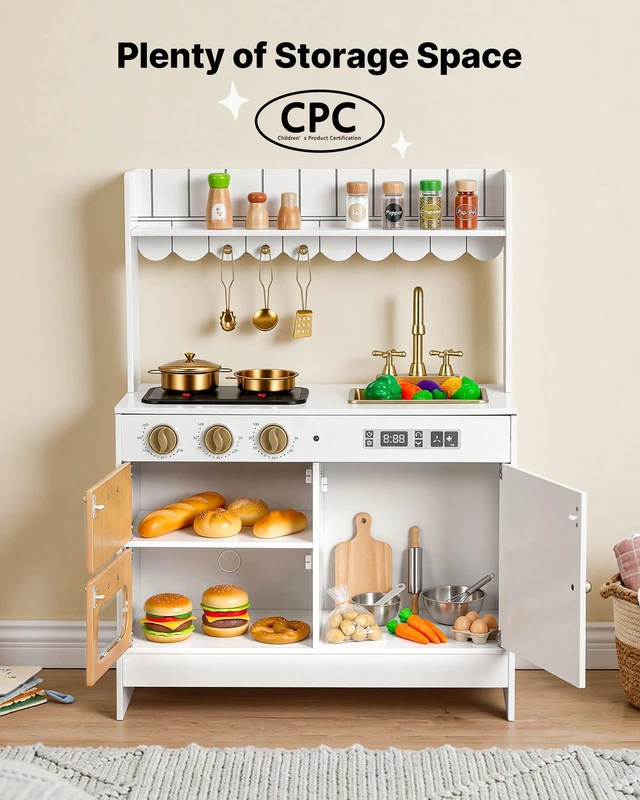 Alt view image 6 of 7 - VEVOR Play Kitchen for Kids, Wooden, Kids Kitchen Playset with Real Lights & Sounds, Food & Cookware Accessories, Pretend Play Toy Set, Sink, Oven, Stove, Cabinet, for Toddlers, Girls & Boys Ages 3-8