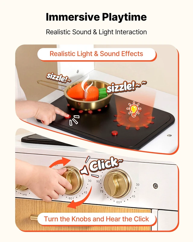 Alt view image 4 of 7 - VEVOR Play Kitchen for Kids, Wooden, Kids Kitchen Playset with Real Lights & Sounds, Food & Cookware Accessories, Pretend Play Toy Set, Sink, Oven, Stove, Cabinet, for Toddlers, Girls & Boys Ages 3-8