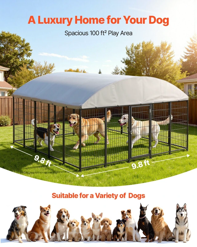 Alt view image 4 of 8 - VEVOR Outdoor Dog Kennel, 9.8 x 9.8 x 5.4 ft Large Dog Kennel with Secure Lock, Outside Dogs Enclosures with UV-Resistant & Waterproof Roof Cover, Heavy Duty Pet Crate Cage Run for Large Dogs