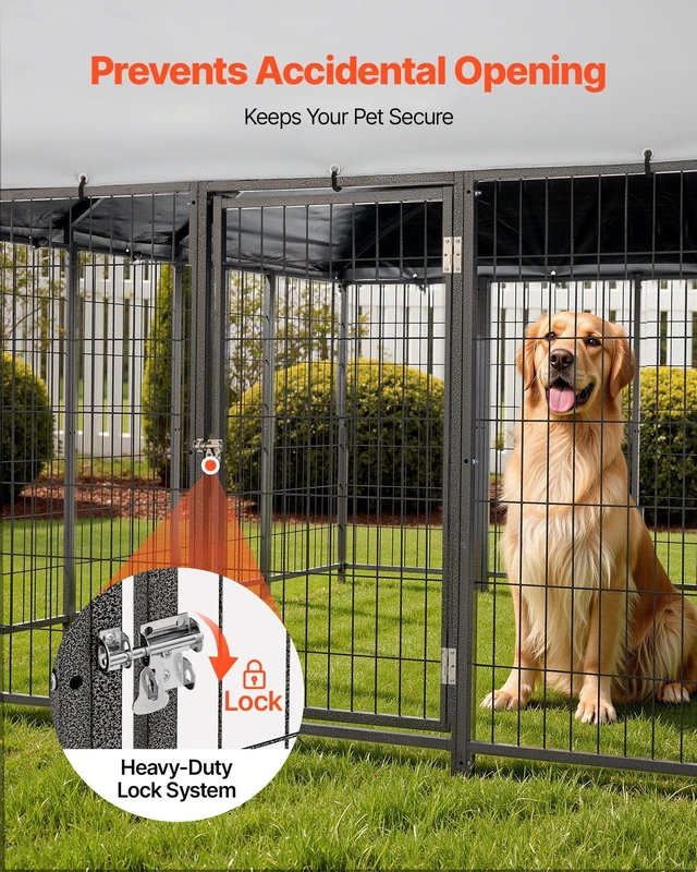 Alt view image 5 of 8 - VEVOR Outdoor Dog Kennel, 9.8 x 9.8 x 5.4 ft Large Dog Kennel with Secure Lock, Outside Dogs Enclosures with UV-Resistant & Waterproof Roof Cover, Heavy Duty Pet Crate Cage Run for Large Dogs