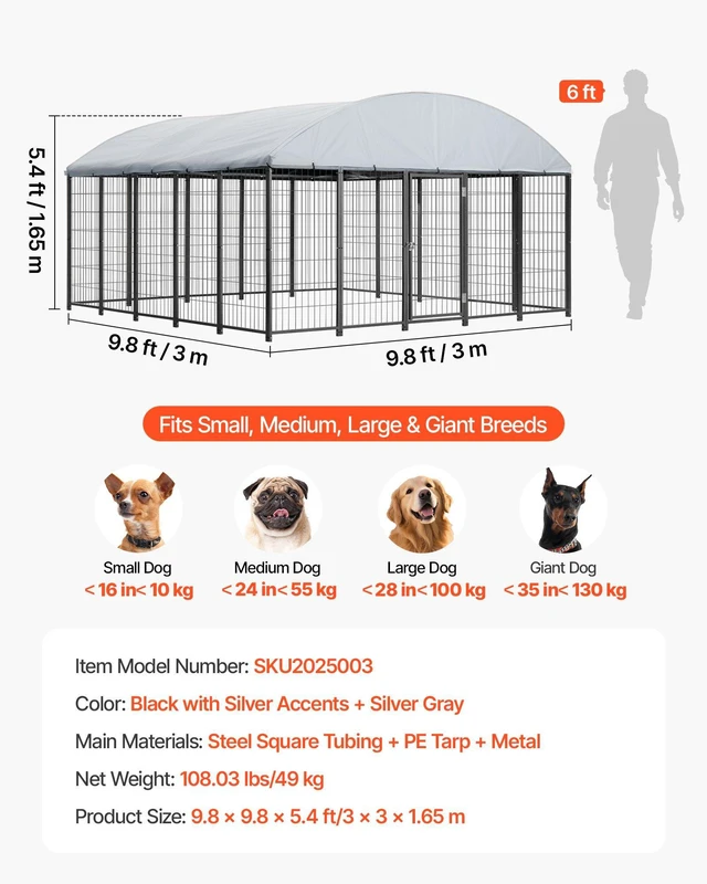 Alt view image 7 of 8 - VEVOR Outdoor Dog Kennel, 9.8 x 9.8 x 5.4 ft Large Dog Kennel with Secure Lock, Outside Dogs Enclosures with UV-Resistant & Waterproof Roof Cover, Heavy Duty Pet Crate Cage Run for Large Dogs