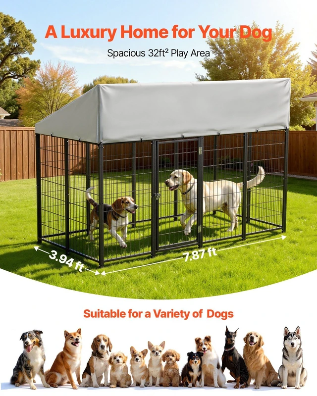 Alt view image 4 of 8 - VEVOR Outdoor Dog Kennel, 7.87 x 3.94 x 5.4 ft Large Dog Kennel with Secure Lock, Outside Dogs Enclosures with UV-Resistant & Waterproof Roof Cover, Heavy Duty Pet Crate Cage Run for Large Dogs