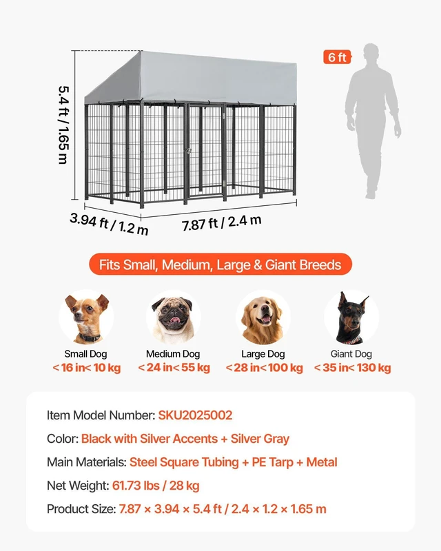 Alt view image 7 of 8 - VEVOR Outdoor Dog Kennel, 7.87 x 3.94 x 5.4 ft Large Dog Kennel with Secure Lock, Outside Dogs Enclosures with UV-Resistant & Waterproof Roof Cover, Heavy Duty Pet Crate Cage Run for Large Dogs