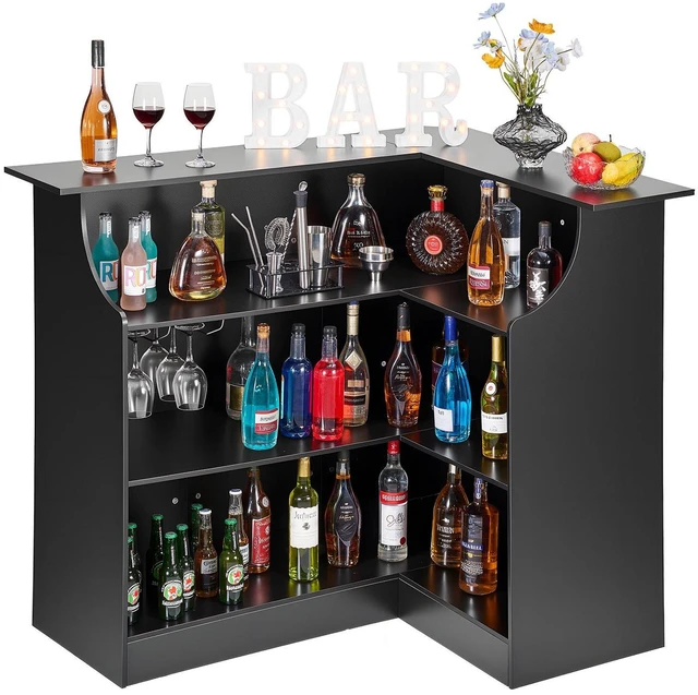 Main image of VEVOR Home Bar Unit, L-Shaped Wine Bar Cabinet Table 4-Tier with Storage Shelves, Wine Glass Holder, 300 lbs Max Capacity, Wood Liquor Cabinet for Home, Kitchen, Living Room, Pub, Basement, Black