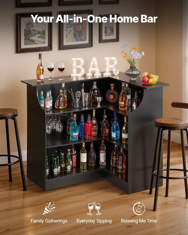 Alt view image 2 of 8 - VEVOR Home Bar Unit, L-Shaped Wine Bar Cabinet Table 4-Tier with Storage Shelves, Wine Glass Holder, 300 lbs Max Capacity, Wood Liquor Cabinet for Home, Kitchen, Living Room, Pub, Basement, Black