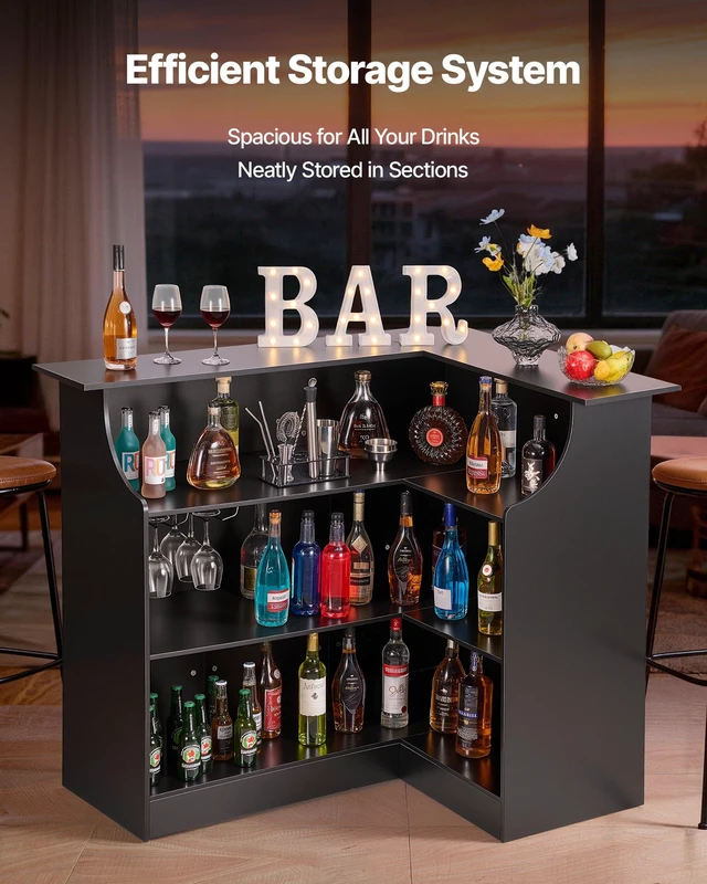 Alt view image 3 of 8 - VEVOR Home Bar Unit, L-Shaped Wine Bar Cabinet Table 4-Tier with Storage Shelves, Wine Glass Holder, 300 lbs Max Capacity, Wood Liquor Cabinet for Home, Kitchen, Living Room, Pub, Basement, Black