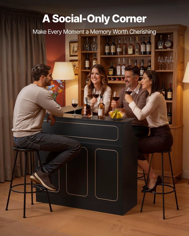 Alt view image 6 of 8 - VEVOR Home Bar Unit, L-Shaped Wine Bar Cabinet Table 4-Tier with Storage Shelves, Wine Glass Holder, 300 lbs Max Capacity, Wood Liquor Cabinet for Home, Kitchen, Living Room, Pub, Basement, Black