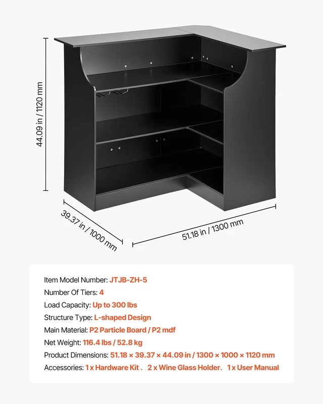 Alt view image 7 of 8 - VEVOR Home Bar Unit, L-Shaped Wine Bar Cabinet Table 4-Tier with Storage Shelves, Wine Glass Holder, 300 lbs Max Capacity, Wood Liquor Cabinet for Home, Kitchen, Living Room, Pub, Basement, Black