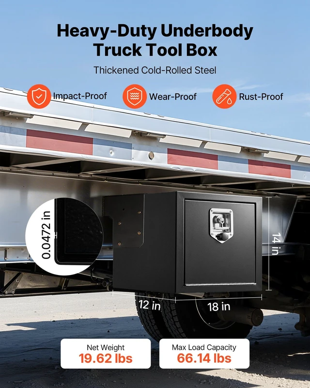 Alt view image 2 of 8 - VEVOR Underbody Truck Tool Box, 18 x 12 x 14 Inch Heavy Duty Steel Trailer Storage Box with Lock & Keys, Waterproof Trailer Storage Organizer Under Body Chest with T-Handle for Truck, Van, SUV, Black