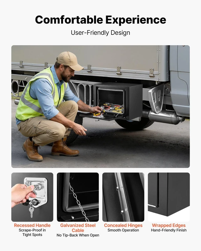 Alt view image 6 of 8 - VEVOR Underbody Truck Tool Box, 18 x 12 x 14 Inch Heavy Duty Steel Trailer Storage Box with Lock & Keys, Waterproof Trailer Storage Organizer Under Body Chest with T-Handle for Truck, Van, SUV, Black