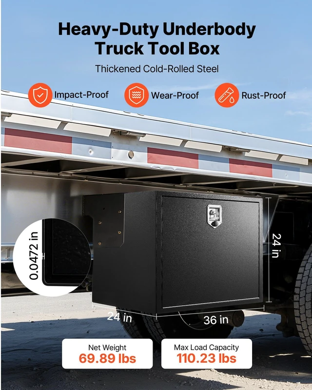 Alt view image 2 of 8 - VEVOR Underbody Truck Tool Box, 36 x 24 x 24 Inch Heavy Duty Steel Trailer Storage Box with Lock & Keys, Waterproof Trailer Storage Organizer Under Body Chest with T-Handle for Truck, Van, SUV, Black