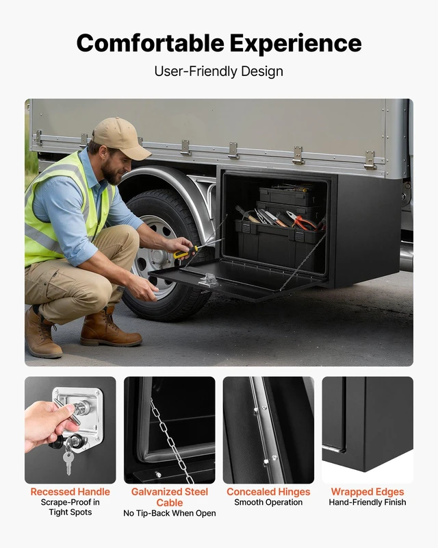 Alt view image 6 of 8 - VEVOR Underbody Truck Tool Box, 36 x 24 x 24 Inch Heavy Duty Steel Trailer Storage Box with Lock & Keys, Waterproof Trailer Storage Organizer Under Body Chest with T-Handle for Truck, Van, SUV, Black