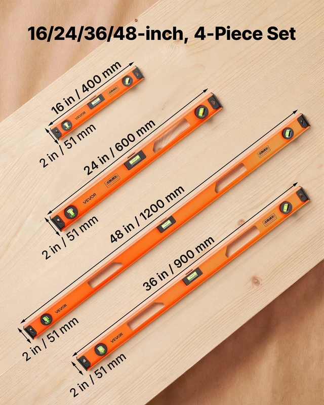 Alt view image 2 of 8 - VEVOR Magnetic Level Set, 4-Piece Included 16/24/36/48 in, Aluminum Alloy I-Beam Bubble Leveler with Clear 3 Green Vials & Hanging Hole, Level Tool Ideal for Hanging Pictures, Home Improvement & DIY