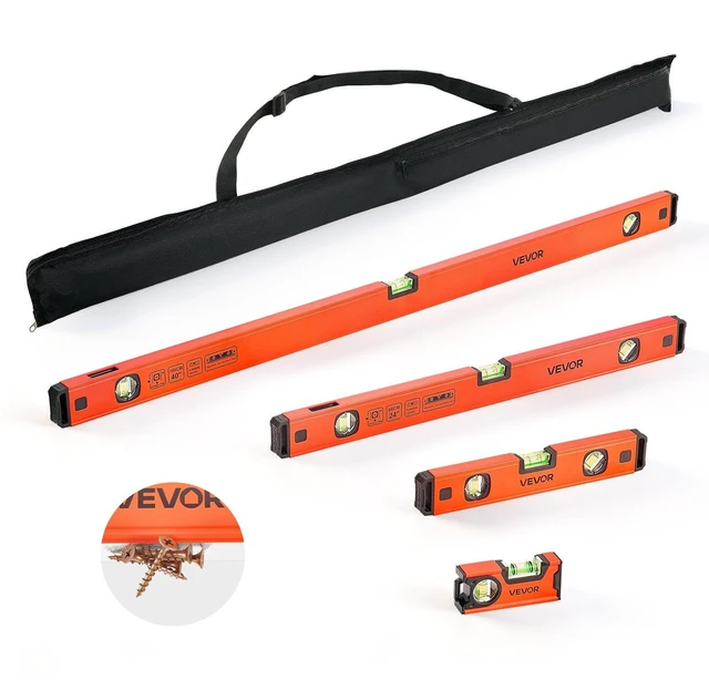 Main image of VEVOR Torpedo Level, 4-Piece Included 4/12/24/40 in, Magnetic Leveler Tool Set Aluminum Alloy, with Clear 3 Green Vials, Hanging Hole, Box Beam Multi-angle Measurement for Construction Home Renovation