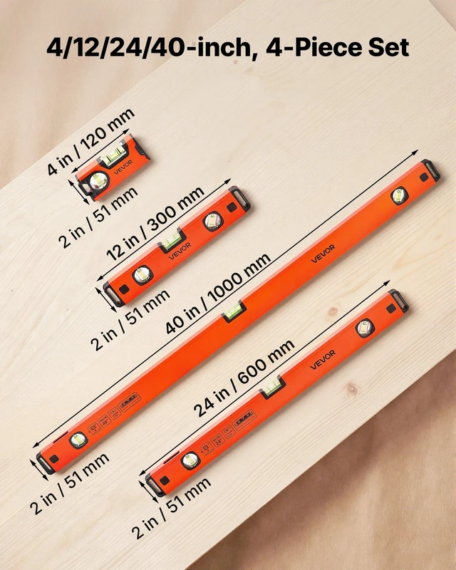 Alt view image 2 of 8 - VEVOR Torpedo Level, 4-Piece Included 4/12/24/40 in, Magnetic Leveler Tool Set Aluminum Alloy, with Clear 3 Green Vials, Hanging Hole, Box Beam Multi-angle Measurement for Construction Home Renovation