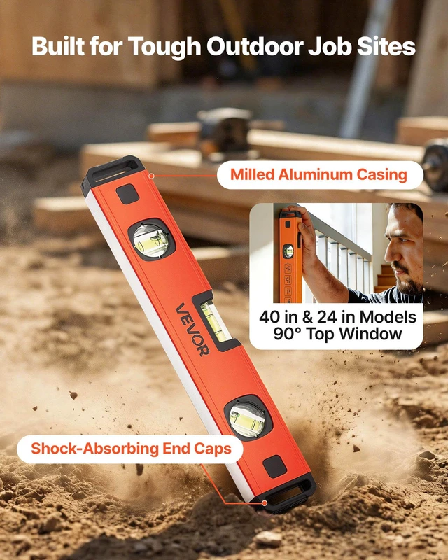 Alt view image 5 of 8 - VEVOR Torpedo Level, 4-Piece Included 4/12/24/40 in, Magnetic Leveler Tool Set Aluminum Alloy, with Clear 3 Green Vials, Hanging Hole, Box Beam Multi-angle Measurement for Construction Home Renovation