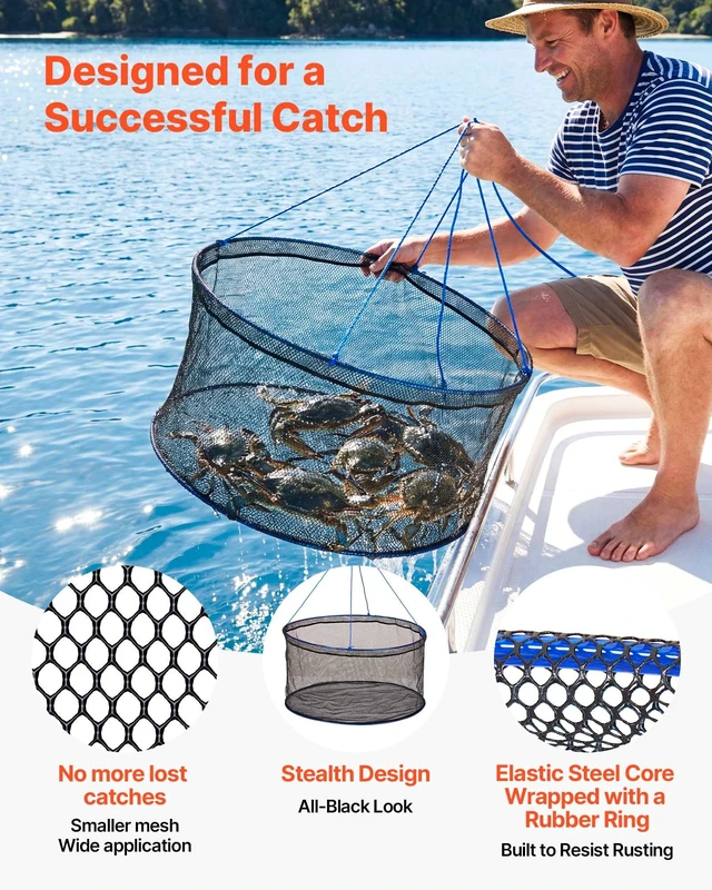 Alt view image 3 of 8 - VEVOR Foldable Fishing Net, Landing Fishing Pier Nets, Portable Drop Net for Pulling up Fish, Durable and Fish-friendly, with Rope and Storage Bag, for Minnows, Crawfish, Shrimp, Crab