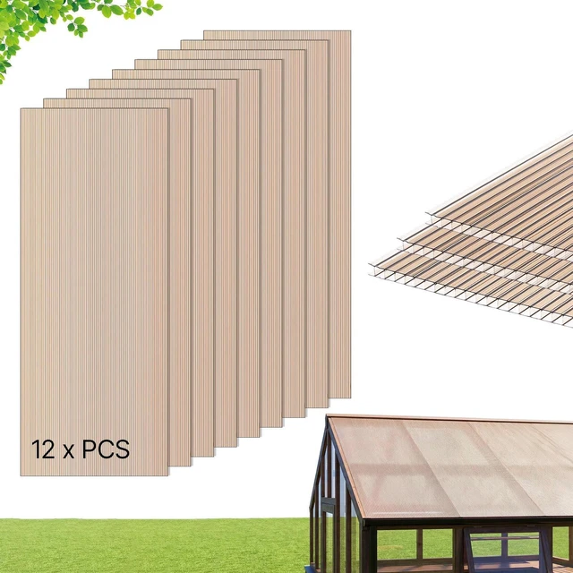 Main image of VEVOR Roof Panels, 12Pcs Polycarbonate Roofing Panels Double Layer, High Impact Corrugated Plastic Greenhouse Replacement Cover, Waterproof for Gazebos, Chicken Coops, Home, Garden (5' x 2' x 0.24")