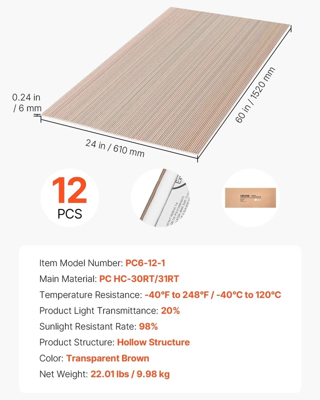 Alt view image 7 of 8 - VEVOR Roof Panels, 12Pcs Polycarbonate Roofing Panels Double Layer, High Impact Corrugated Plastic Greenhouse Replacement Cover, Waterproof for Gazebos, Chicken Coops, Home, Garden (5' x 2' x 0.24")