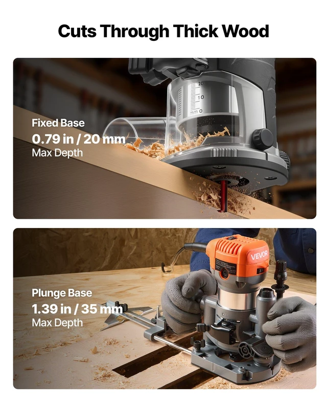 Alt view image 3 of 8 - VEVOR Wood Router, 1 HP 710W, Variable Speed Palm Router Tool with 1/4 in Collet, Compact Edge Wood Trimmer with Fixed, Plunge & Tilt Base, Soft Start, for Woodworking, Trimming, DIY Projects, Corded