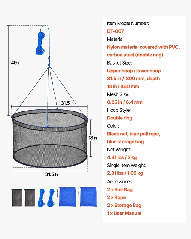 Alt view image 7 of 8 - VEVOR Foldable Fishing Net, Landing Fishing Pier Nets, Portable Drop Net for Pulling up Fish, Durable and Fish-friendly, with Rope and Storage Bag, for Minnows, Crawfish, Shrimp, Crab