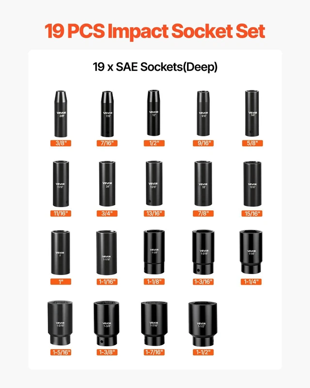 Alt view image 3 of 8 - VEVOR Impact Socket Set, 1/2" 19 Piece Impact Sockets, Deep Socket, 6-Point Sockets, 1/2" Drive Set 3/8" to 1-1/2", Cr-V Rugged Construction, Easy to Identify, with a Sturdy Storage Case, for Vehicles