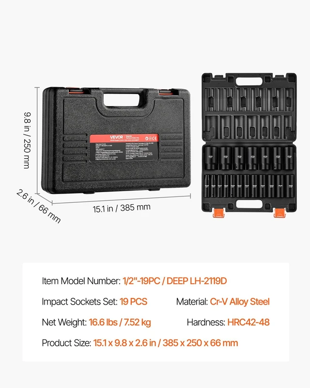 Alt view image 7 of 8 - VEVOR Impact Socket Set, 1/2" 19 Piece Impact Sockets, Deep Socket, 6-Point Sockets, 1/2" Drive Set 3/8" to 1-1/2", Cr-V Rugged Construction, Easy to Identify, with a Sturdy Storage Case, for Vehicles