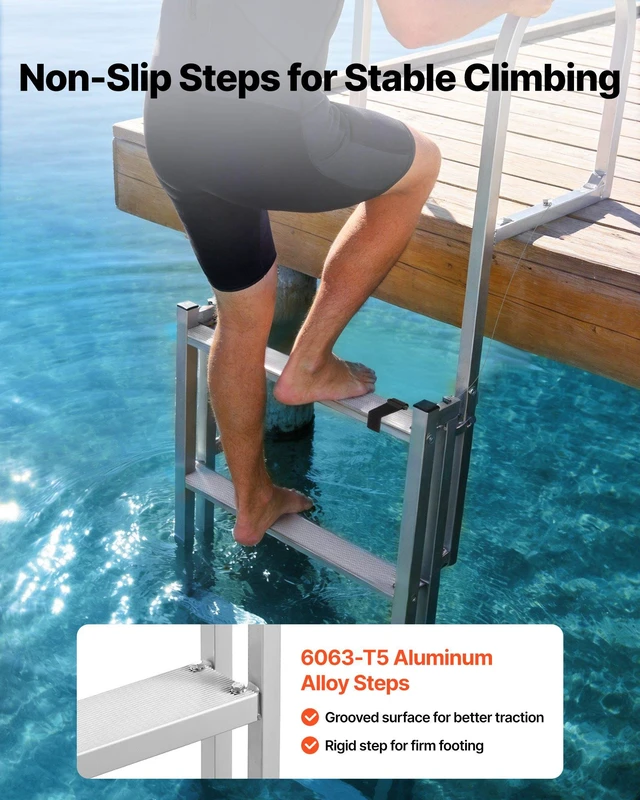 Alt view image 3 of 8 - VEVOR Retractable Dock Ladder, 5 Steps, Aluminum Alloy Pontoon Boat Swim Ladder, with Non-Slip Wide Steps, 350 lbs Weight Capacity, Adjustable Height, for Lake Swimming, Pool, Boat, Marine Boarding