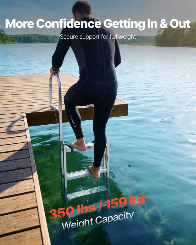 Alt view image 2 of 8 - VEVOR Retractable Dock Ladder, 5 Steps, Aluminum Alloy Pontoon Boat Swim Ladder, with Non-Slip Wide Steps, 350 lbs Weight Capacity, Adjustable Height, for Lake Swimming, Pool, Boat, Marine Boarding