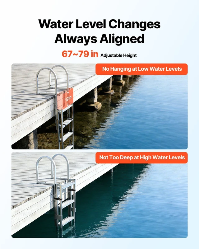 Alt view image 4 of 8 - VEVOR Retractable Dock Ladder, 5 Steps, Aluminum Alloy Pontoon Boat Swim Ladder, with Non-Slip Wide Steps, 350 lbs Weight Capacity, Adjustable Height, for Lake Swimming, Pool, Boat, Marine Boarding