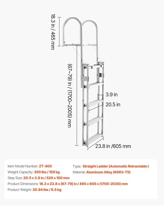 Alt view image 7 of 8 - VEVOR Retractable Dock Ladder, 5 Steps, Aluminum Alloy Pontoon Boat Swim Ladder, with Non-Slip Wide Steps, 350 lbs Weight Capacity, Adjustable Height, for Lake Swimming, Pool, Boat, Marine Boarding