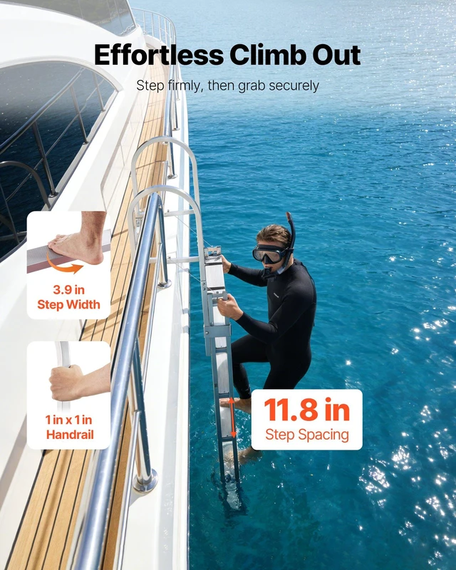 Alt view image 5 of 8 - VEVOR Retractable Dock Ladder, 5 Steps, Aluminum Alloy Pontoon Boat Swim Ladder, with Non-Slip Wide Steps, 350 lbs Weight Capacity, Adjustable Height, for Lake Swimming, Pool, Boat, Marine Boarding
