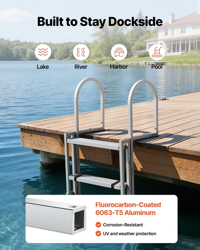 Alt view image 6 of 8 - VEVOR Retractable Dock Ladder, 5 Steps, Aluminum Alloy Pontoon Boat Swim Ladder, with Non-Slip Wide Steps, 350 lbs Weight Capacity, Adjustable Height, for Lake Swimming, Pool, Boat, Marine Boarding