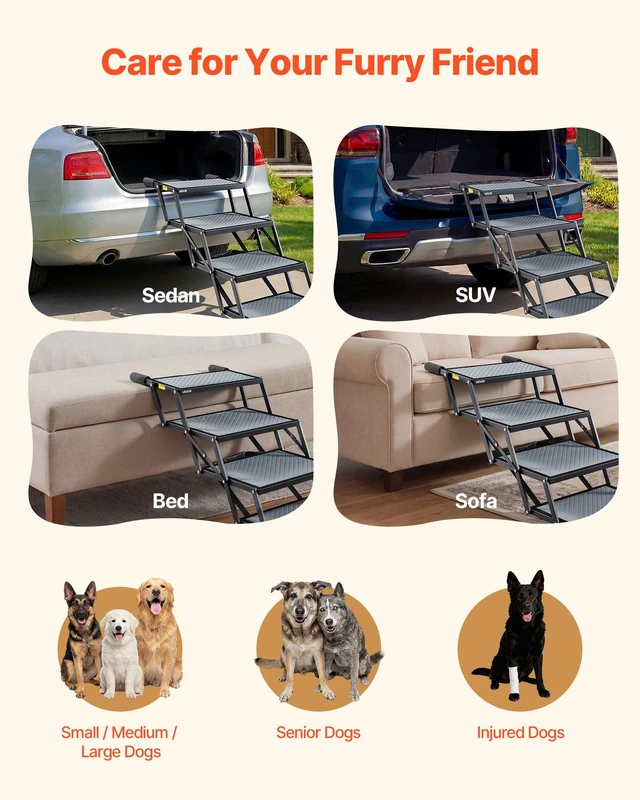 Alt view image 6 of 8 - VEVOR Dog Stairs for Car, 4 Steps Extra Wide Foldable Dog Ramp for Large Dogs with Non-Slip Surface, Portable Lightweight Pet Stairs Ladder for Car, SUV, Truck, High Bed, Sofa, Support up to 400 lbs