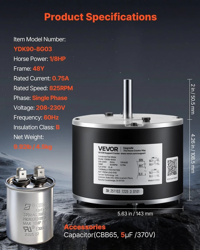 Alt view image 7 of 8 - VEVOR Condenser Fan Motor with Capacitor, 1/8HP 825RPM 208-230V, Replacement for GE Genteq Carrier Bryant Payne 5KCP39KFUA99S D159176P01 X70370245010 X70370245-01 5KCP39GGV570S