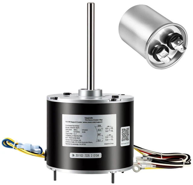 Main image of VEVOR Condenser Fan Motor with Capacitor, 1/3HP 1075RPM 208-230V, Compatible with GE Genteq K55HXGDD-81195 5KCP39GGY209AS, Fasco D925 D7908, Dayton EM3729F, Century FSE1036SV1, Rheem Ruud 51-100998-05