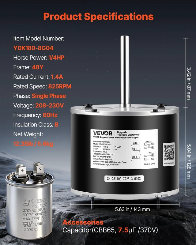 Alt view image 7 of 8 - VEVOR Condenser Fan Motor with Capacitor, 1/4HP 825RPM 208-230V, Compatible with GE Genteq 5KCP39LFBE31S 5KCP39LFY534AS, Lennox 12Y65 (92W75), Carrier HC39GE242 HB39GQ232, Amana Janitrol 0131M00014PS